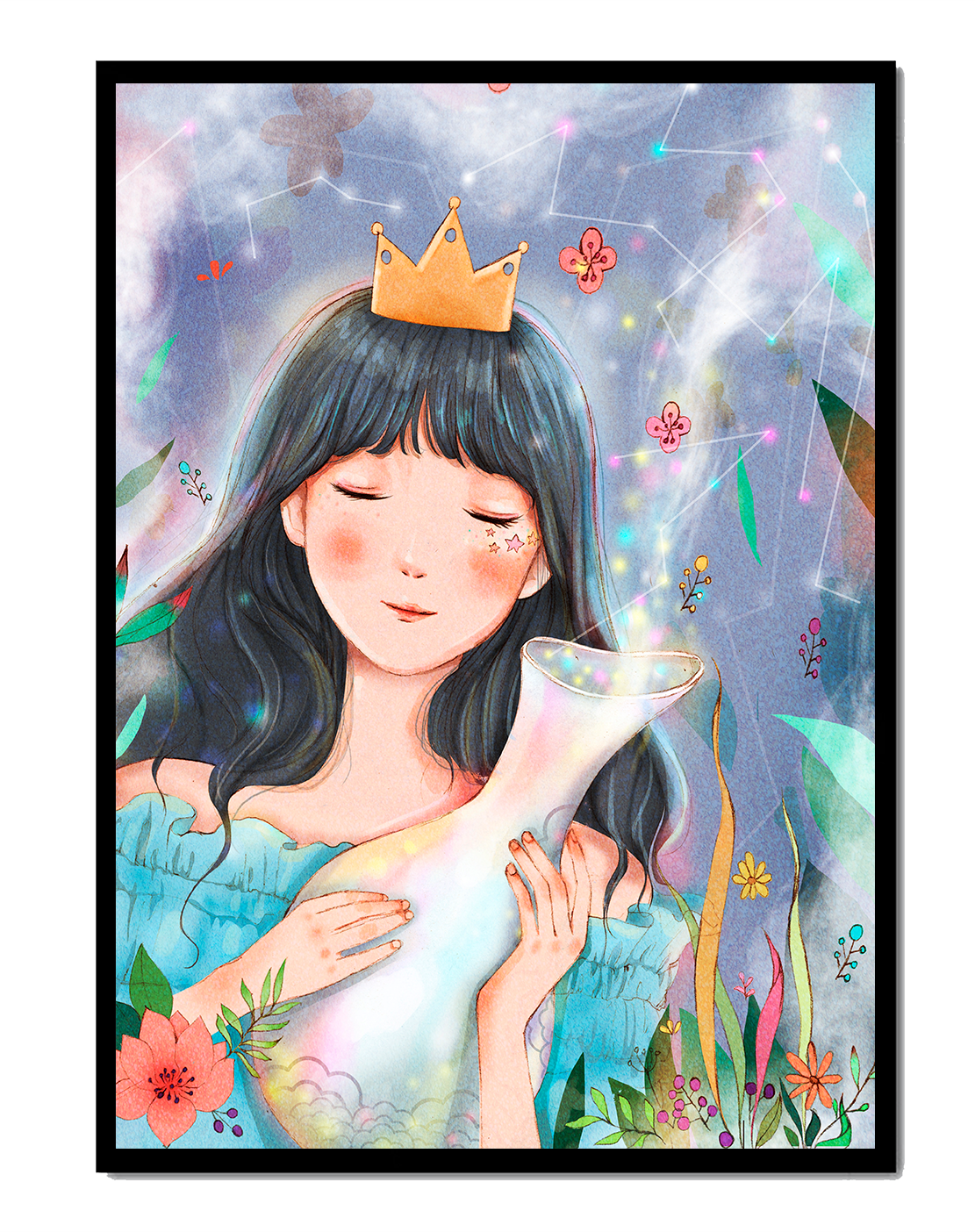 Retrato encantador de una chica con corona en un jardín mágico