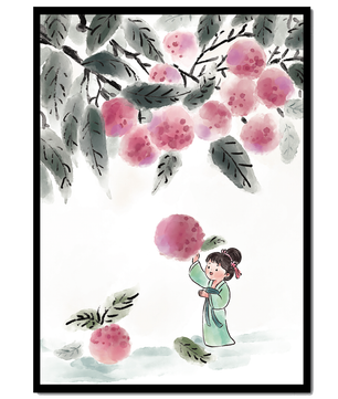 Ilustración encantadora de un niño con ropa tradicional, bayas vibrantes y hojas exuberantes