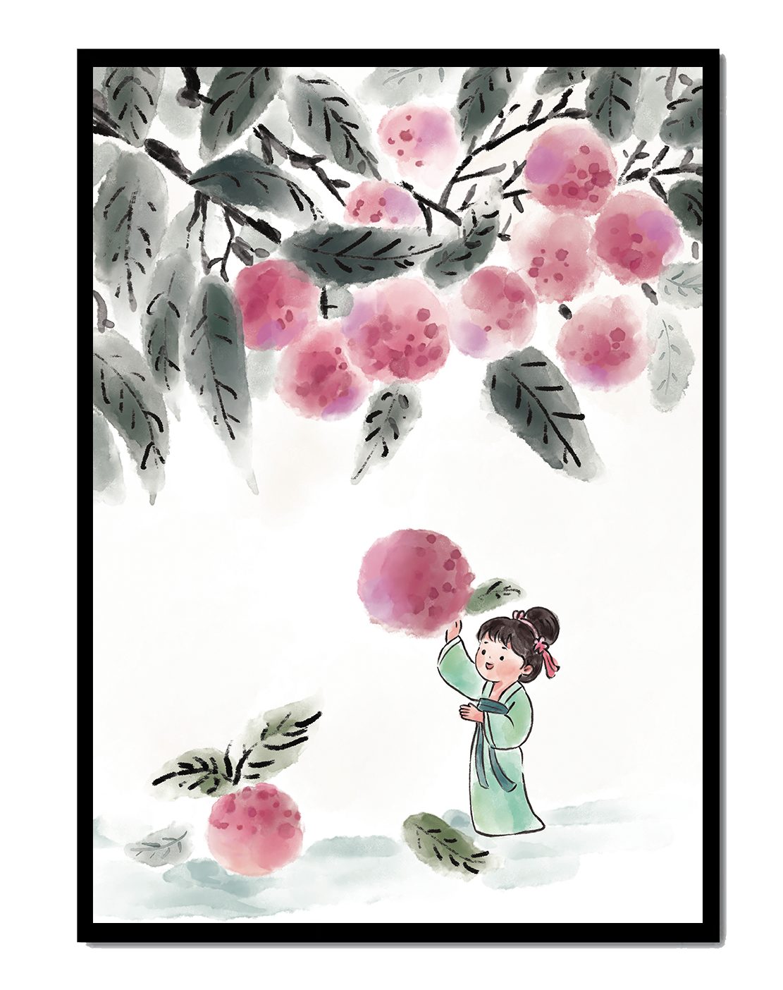 Ilustración encantadora de un niño con ropa tradicional, bayas vibrantes y hojas exuberantes