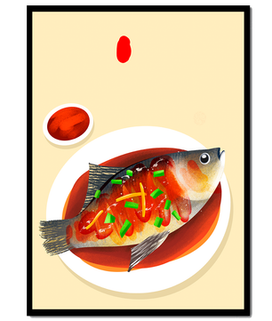 Illustration of a colorful fish dish with garnish