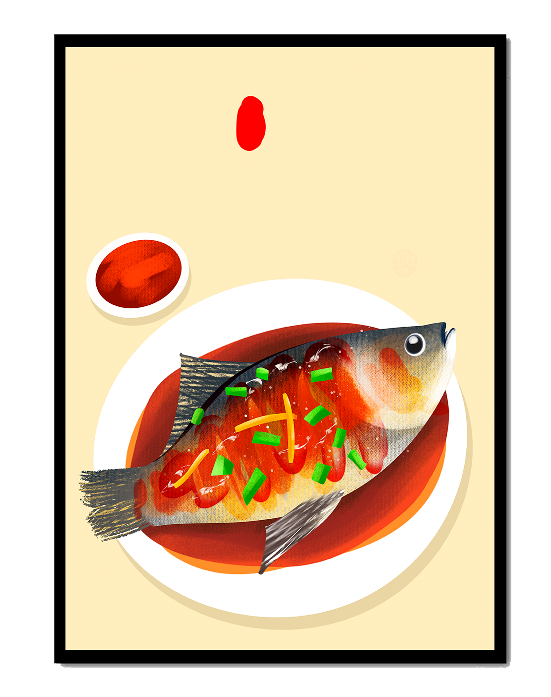 Illustration of a colorful fish dish with garnish