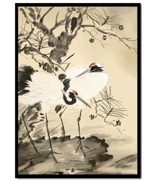 Traditional Japanese Painting of Cranes with Pine Tree and Gold Details