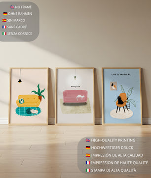Imágenes minimalistas de gatos y muebles en marcos de madera
