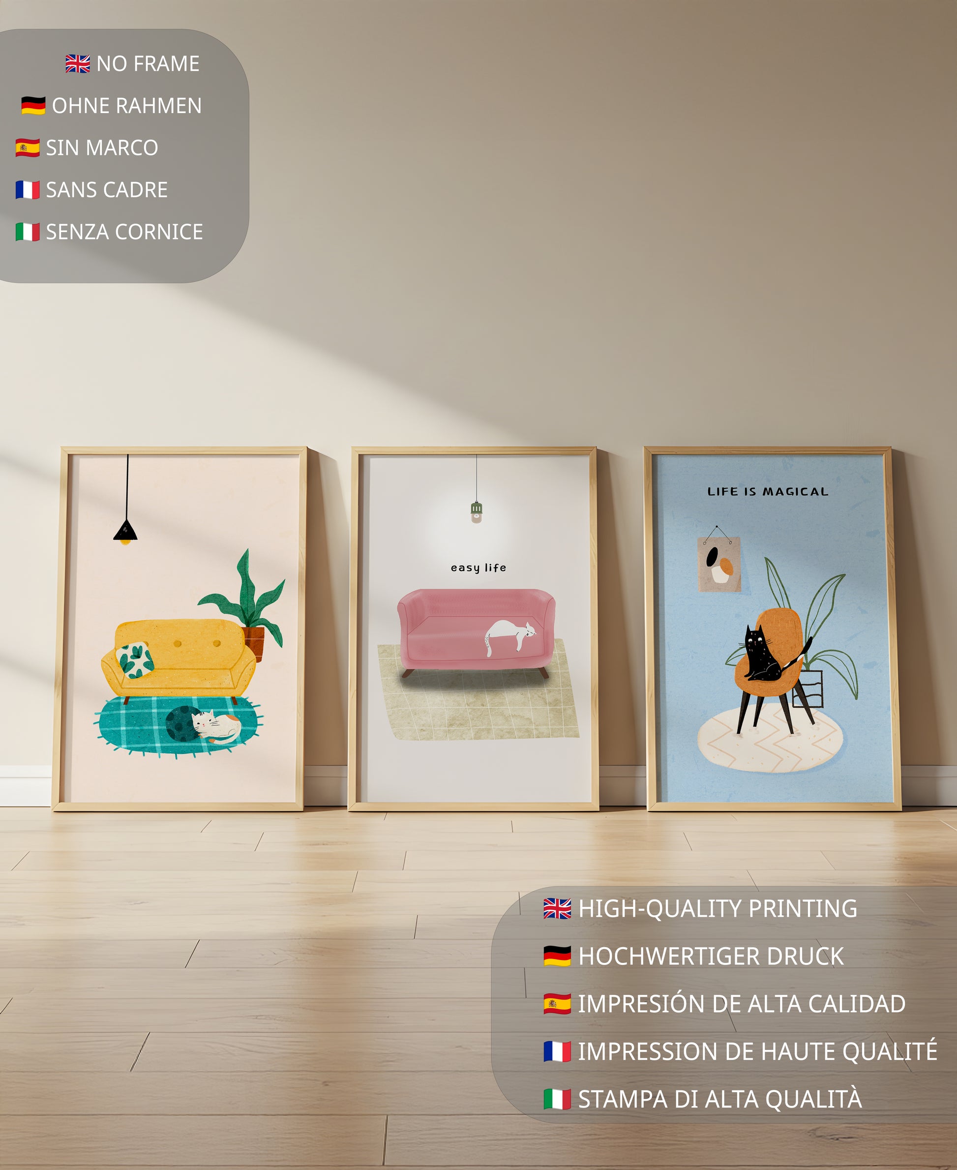 Imágenes minimalistas de gatos y muebles en marcos de madera
