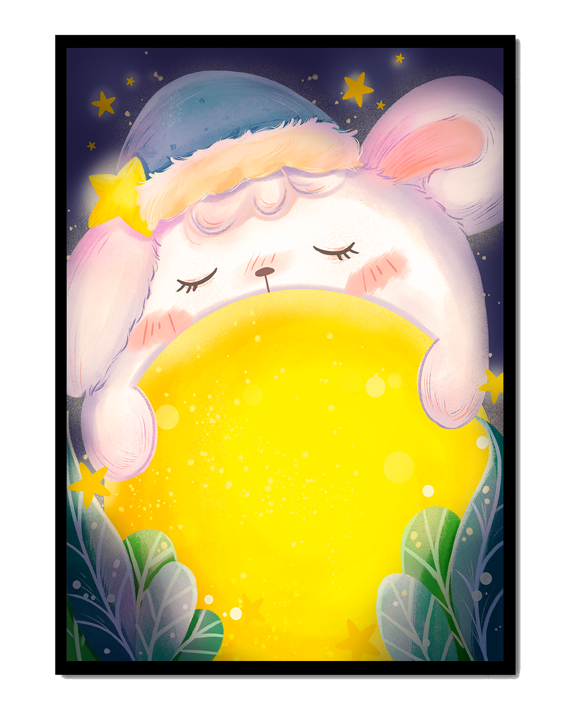 Sleepy rabbit with starry hat holding a glowing ball in a dreamy night scene