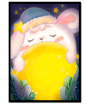 Sleepy rabbit with starry hat holding a glowing ball in a dreamy night scene