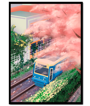 Zug in Kirschblütenlandschaft mit modernem Gebäude