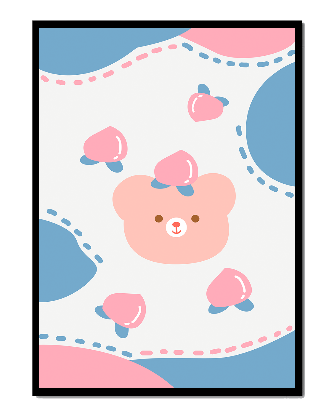 Adorable pastel bear with peaches and dotted background