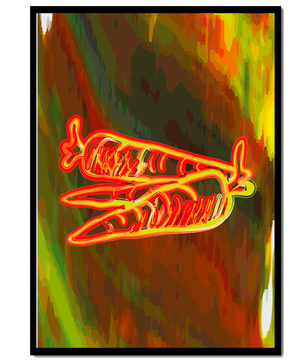 Abstract art featuring neon carrots on a colorful background