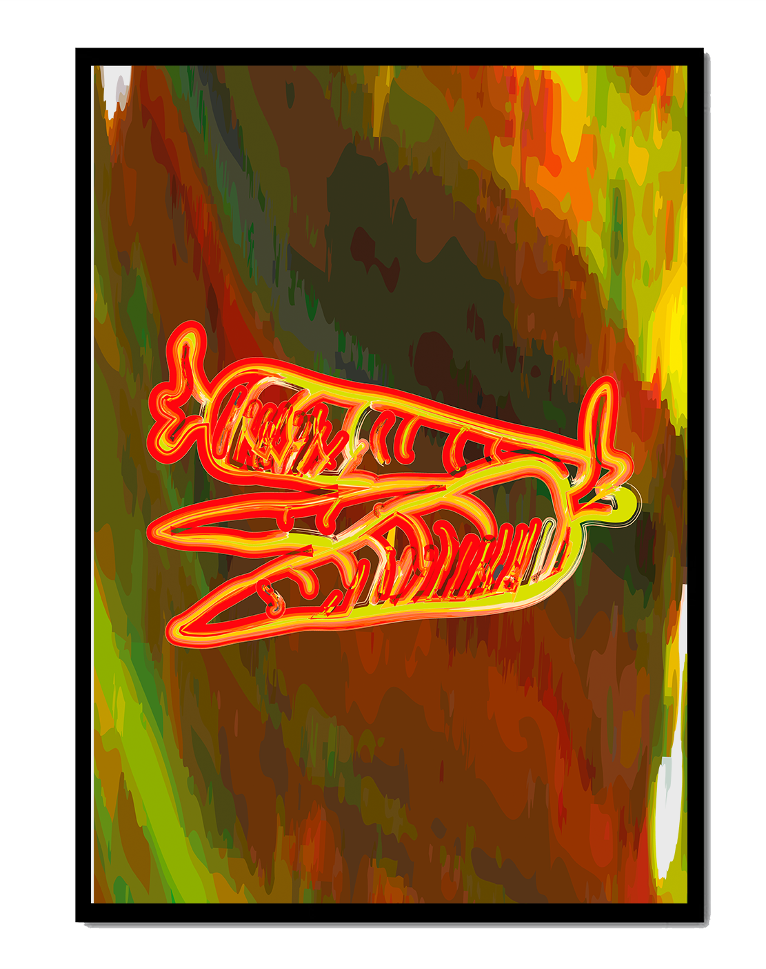 Abstract art featuring neon carrots on a colorful background