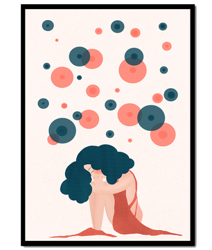 Abstract Illustration of a Woman with Curly Blue Hair Surrounded by Colorful Circles - Mi tienda