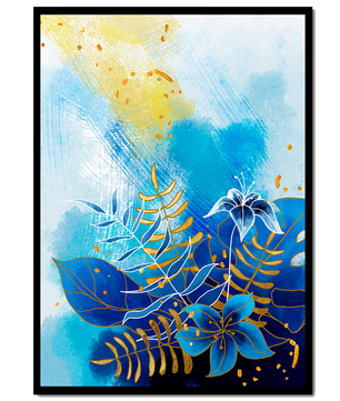 Floral illustration with blue leaves and golden accents on abstract background