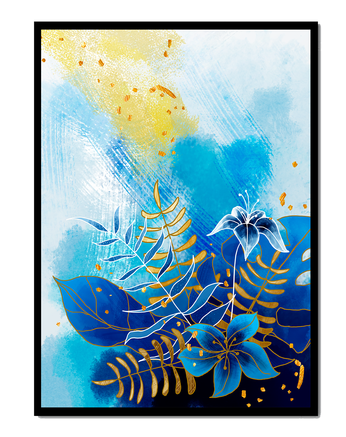 Floral illustration with blue leaves and golden accents on abstract background