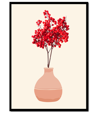 Bayas rojas en un jarrón de arcilla minimalista sobre fondo neutro