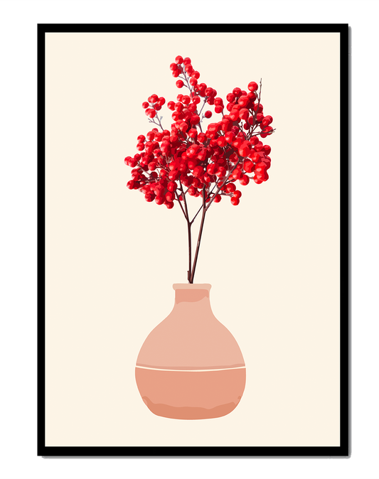 Red berries in minimalist clay vase on neutral background
