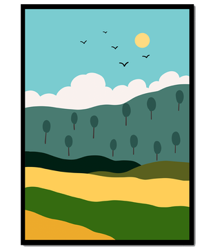 Minimalist Landscape with Hills and Sun