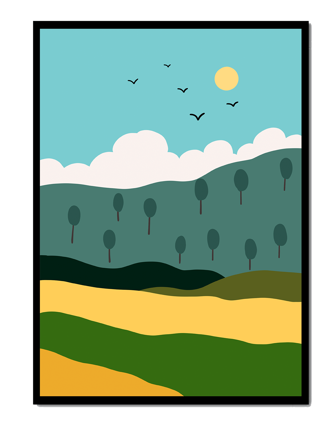 Minimalist Landscape with Hills and Sun