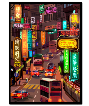 Vibrant urban street with neon signs and bustling traffic at night