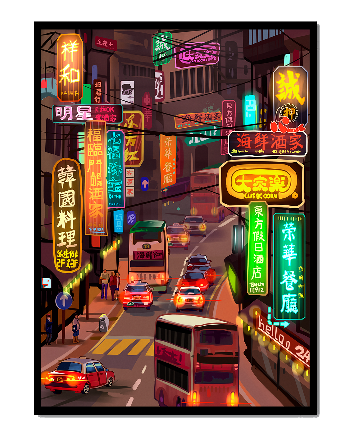 Vibrant urban street with neon signs and bustling traffic at night