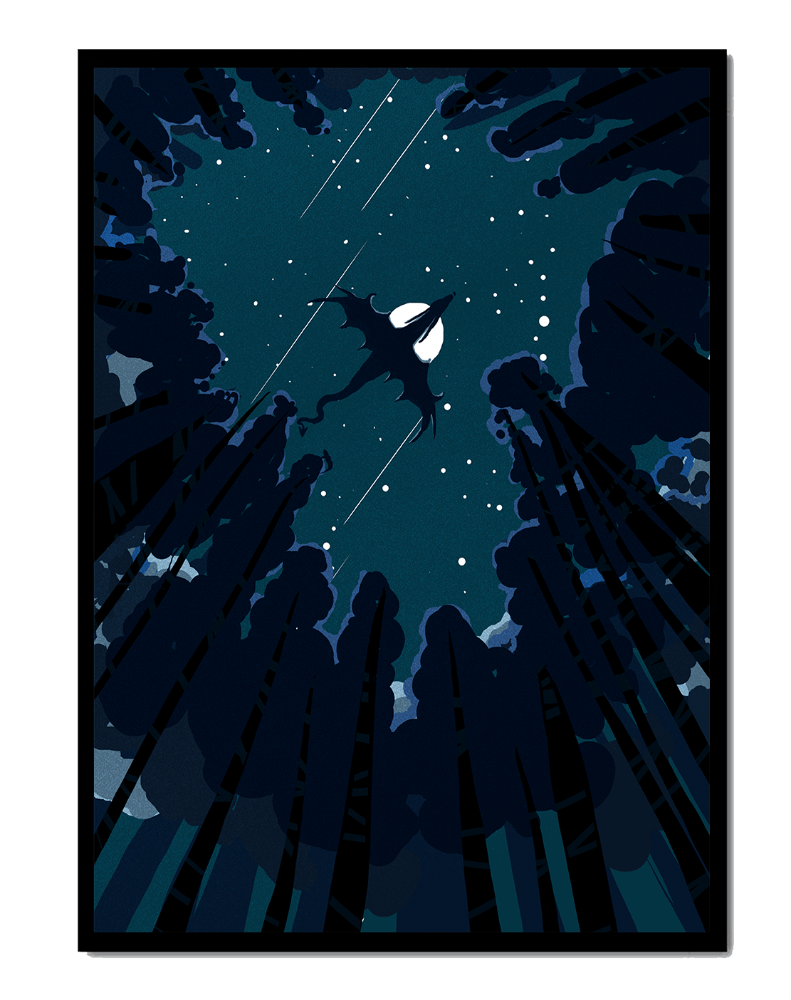 Dragon flying through starry night sky above dark forest