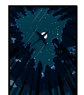 Dragon flying through starry night sky above dark forest