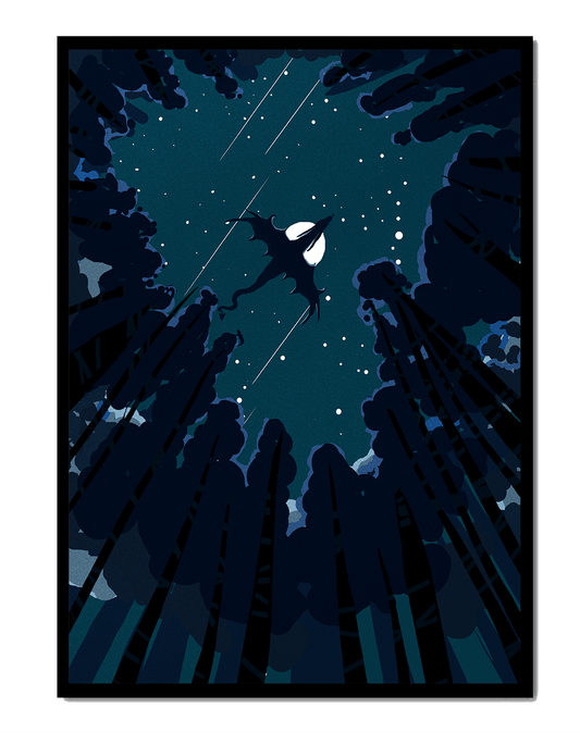 Dragon flying through starry night sky above dark forest
