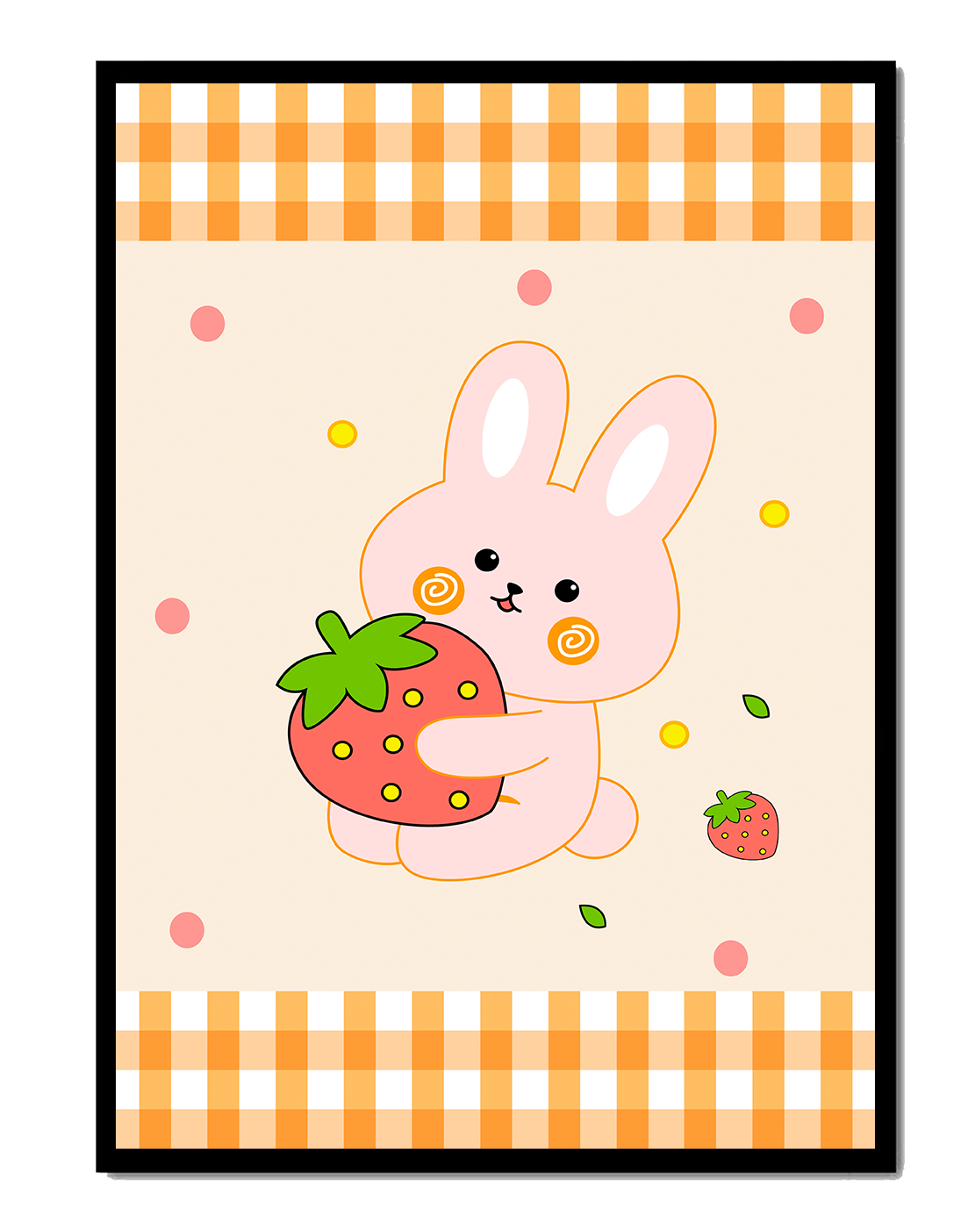 Adorable bunny holding strawberry illustration with gingham pattern
