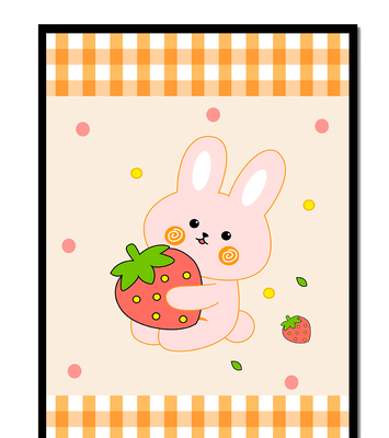 Adorable bunny holding strawberry illustration with gingham pattern