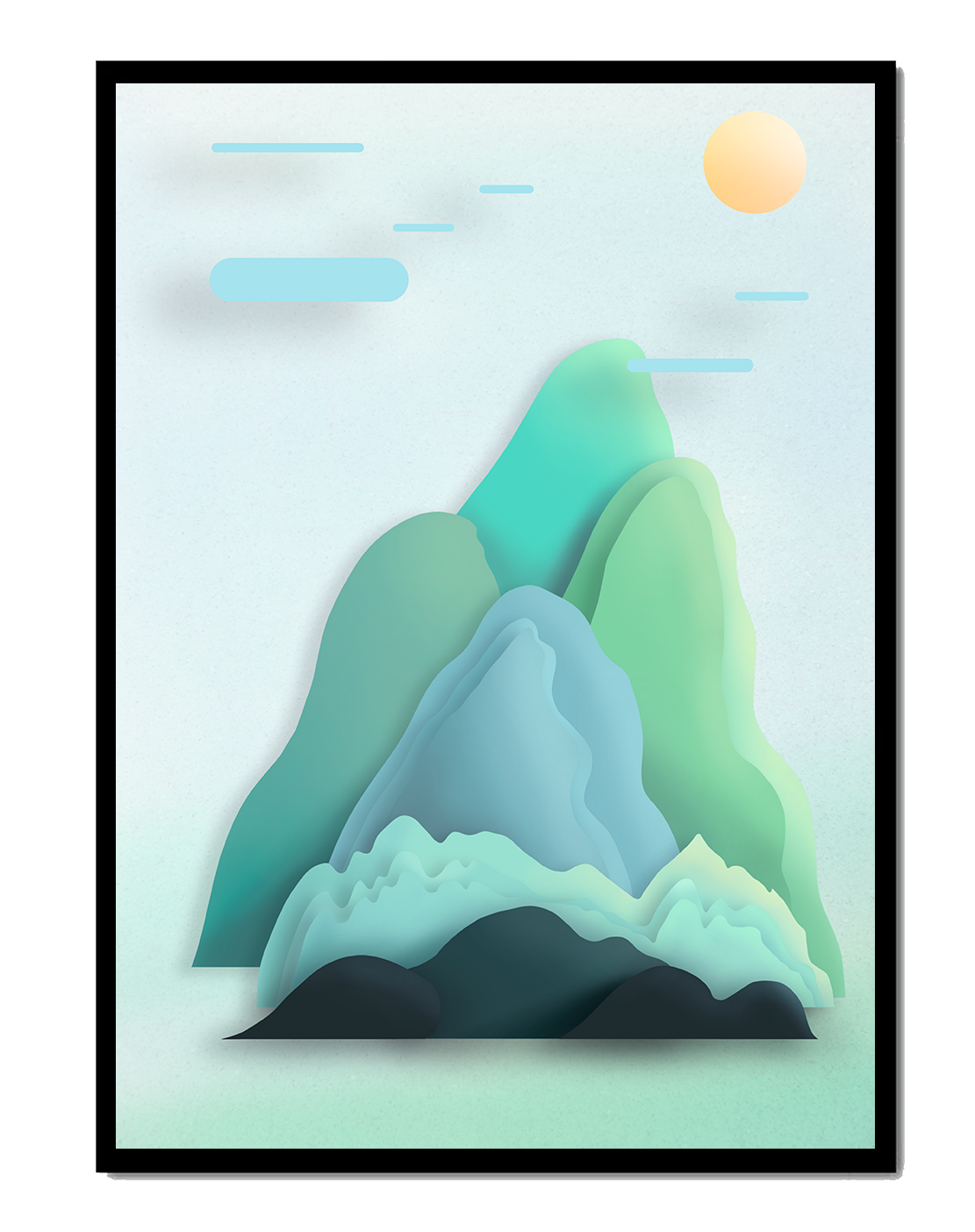 Minimalistic mountain landscape with vibrant colors and abstract layers