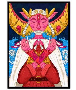 Surreal illustration of a mystical creature with golden horns and vibrant elements