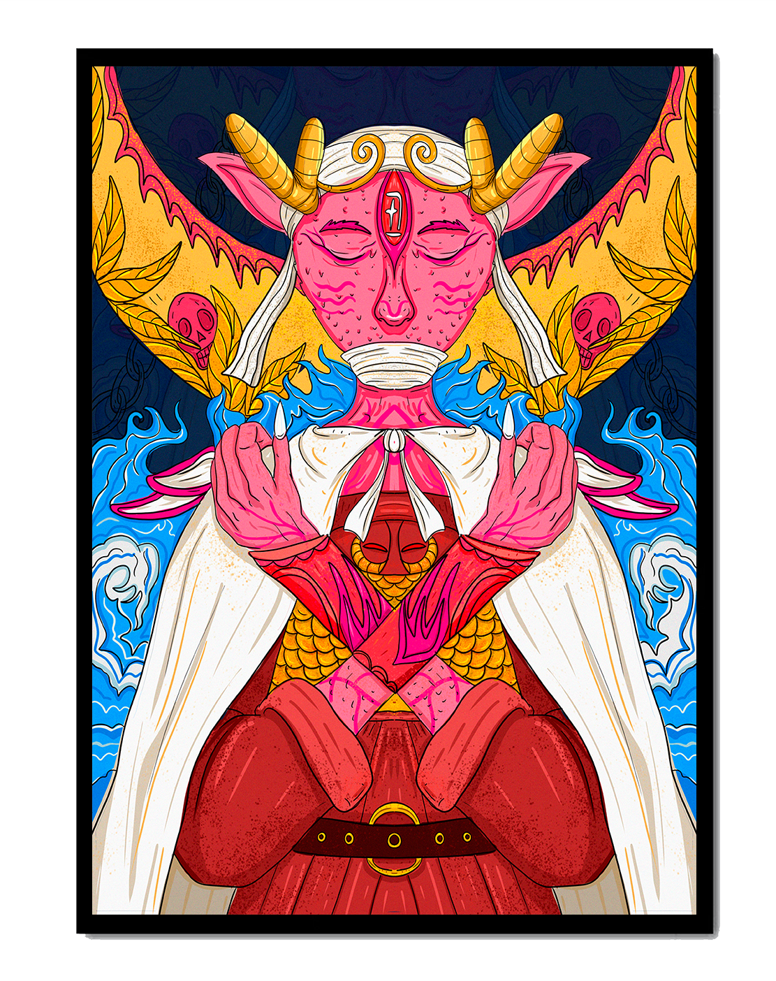 Surreal illustration of a mystical creature with golden horns and vibrant elements