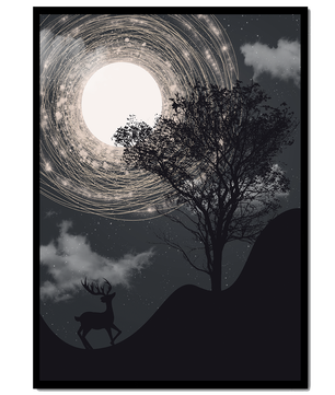 Verzauberte Nachtszene mit Hirschsilhouette und leuchtendem Mond