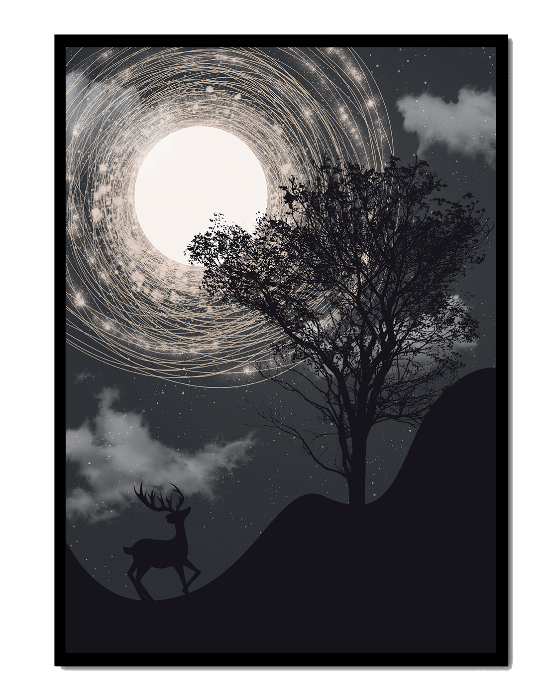 Enchanted night scene with deer silhouette and glowing moon