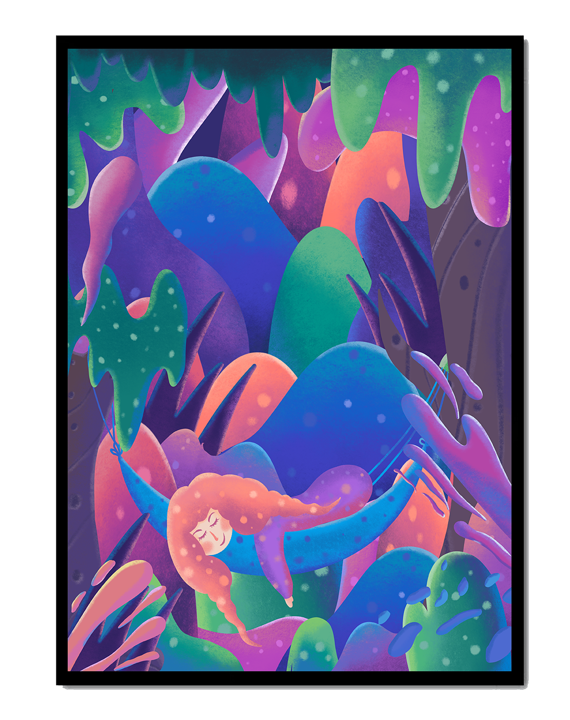 Selva surrealista onírica con mujer dormida