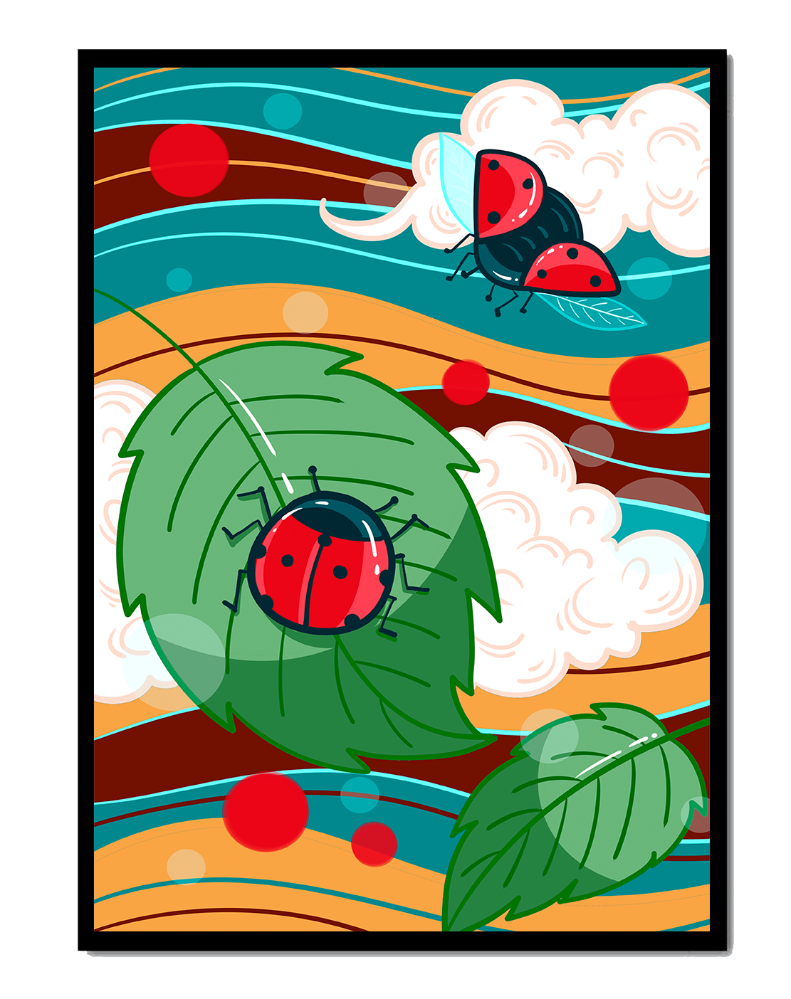 Colorful illustration of ladybugs in a whimsical natural setting