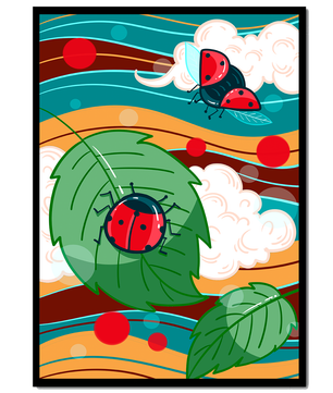 Ilustración colorida de mariquitas en un entorno natural caprichoso