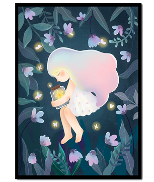 Illustration d'une fille avec un bocal lumineux dans un jardin au clair de lune
