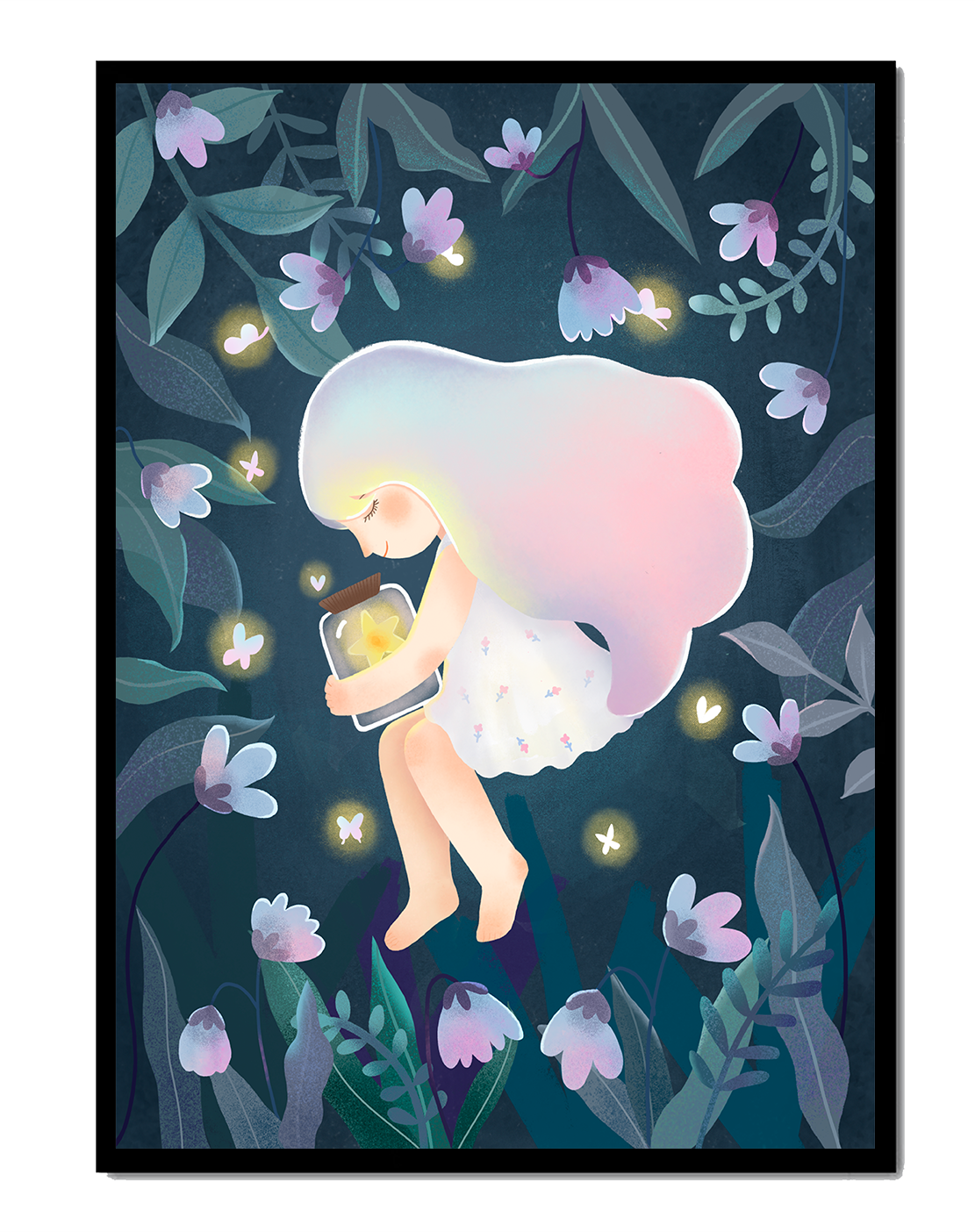 Illustration of a girl with glowing jar in moonlit garden