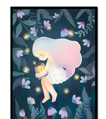 Illustration of a girl with glowing jar in moonlit garden