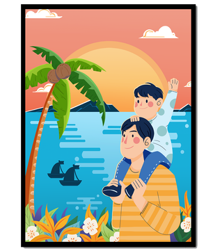 Un père et son fils profitent d’un coucher de soleil tropical avec des palmiers et des bateaux.