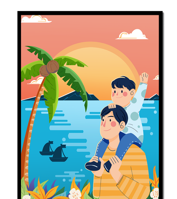 Father and son enjoying a tropical sunset with palm trees and boats