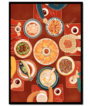Colorful Chinese cuisine on a dining table with traditional dishes
