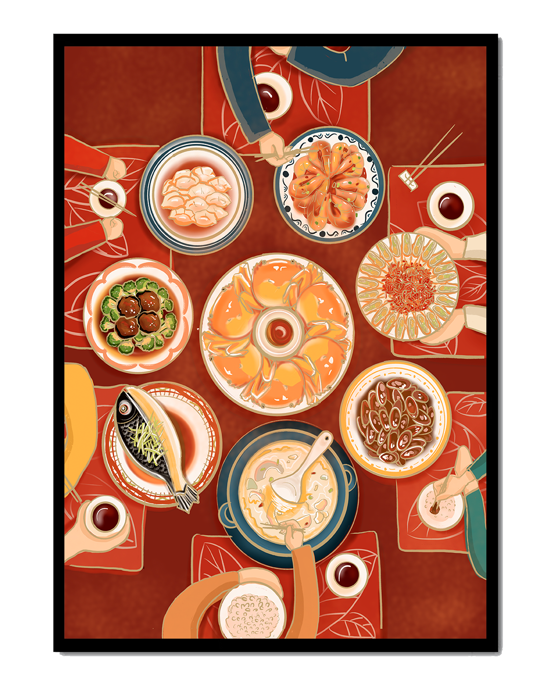 Colorful Chinese cuisine on a dining table with traditional dishes