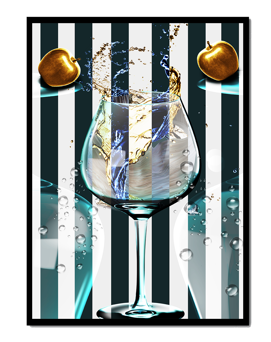 Elegant Glass of Champagne with Golden Apples and Striped Background