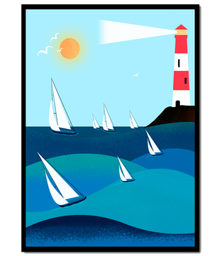 Coastal scene with sailboats and lighthouse on a bright sunny day