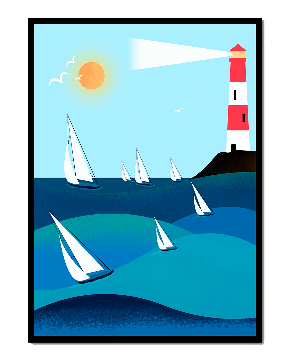 Coastal scene with sailboats and lighthouse on a bright sunny day