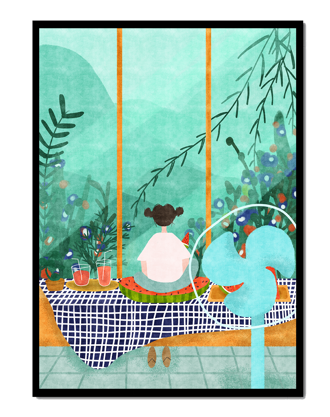 Young Girl Sitting on Checkered Table with Watermelon by Window Overlooking Nature