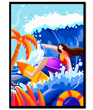Ilustración de un surfista cabalgando una ola entre delfines y palmeras