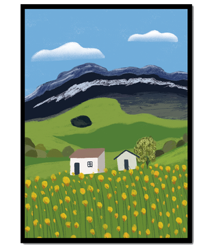 Sunny Landscape with Green Fields and Mountains