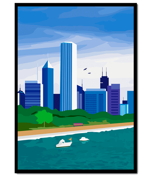 Paisaje urbano moderno con skyline y frente al agua en un estilo vibrante